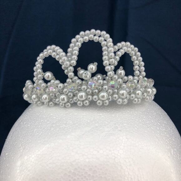 American VINTAGE 90's Handmade Mini Tiara Beaded w/ Pearl Silver Crystal Beads - Picture 1 of 4